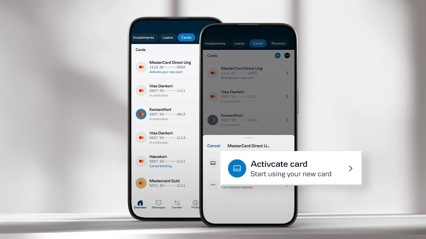 Two mobile phones showing credit cards in the mobile bank