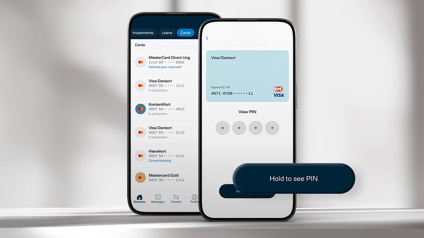 Two mobile phones showing credit cards in the mobile bank