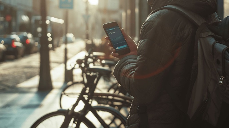 En person der står på gaden og holder en mobil i hånden