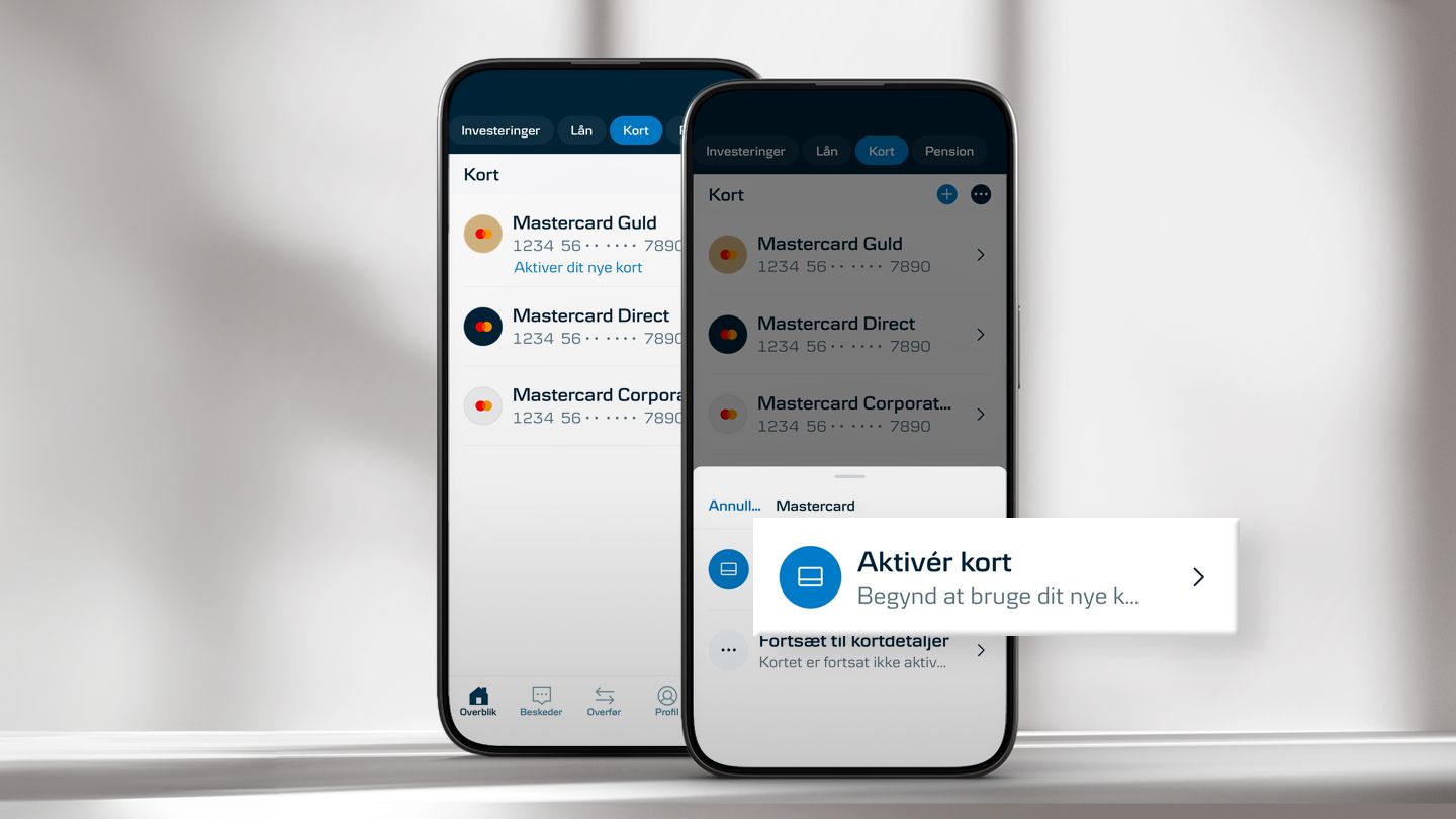 To mobiler der viser hvordan du aktiverer dit kort i mobilbanken