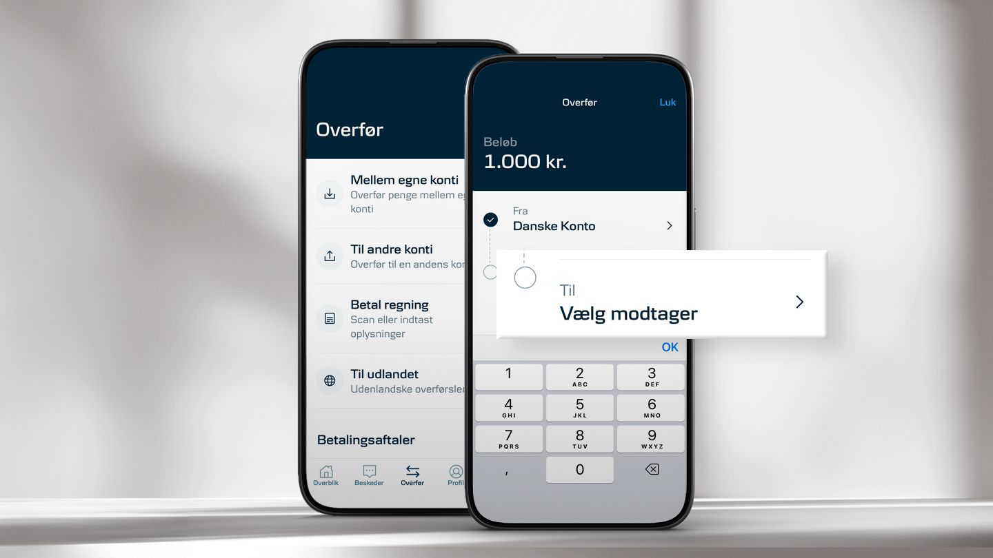 To mobiler der viser hvordan du overfører penge i mobilbanken
