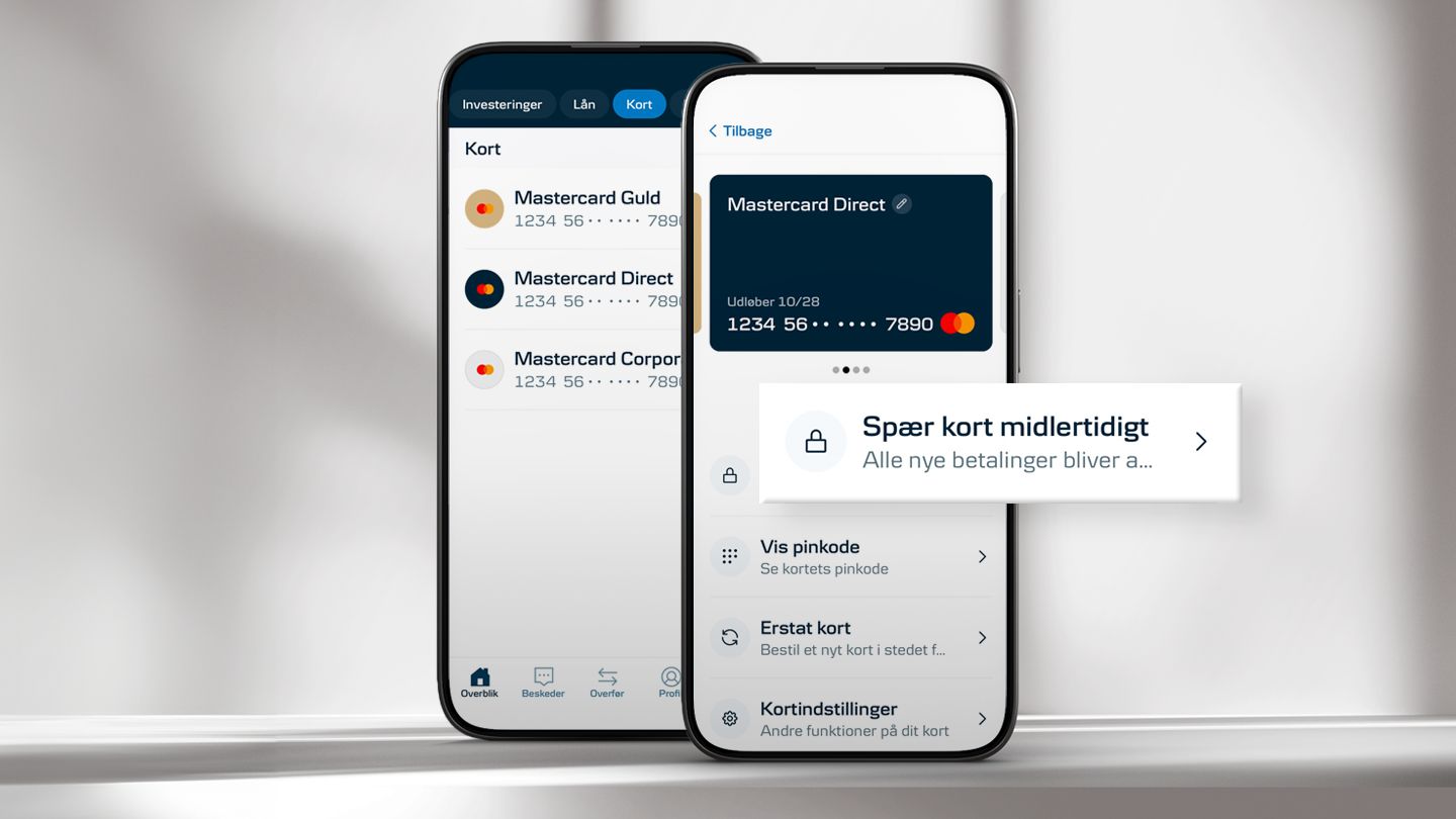 To mobiler der viser kortfunktioner i mobilbanken