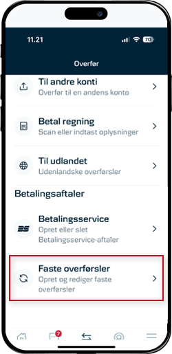 Skærmbillede mobilbank: Vælg 'Faste overførsler'.