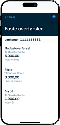 Skærmbillede mobilbank: Tryk på den blå cirkel med '+'