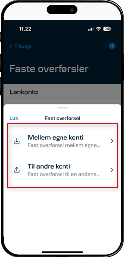 Skærmbillede mobilbank: Vælg om overførslen skal være mellem egne elle andre konti.til og fra konto