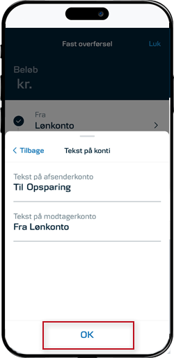 Skærmbillede: Skriv tekst til afsender- og modtagerkonto og klik 'OK'.
