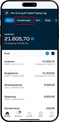 Skærmbillede mobilbank: Øverste menu - Investeringer