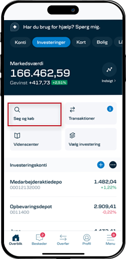Skærmbillede mobilbank: Investeringe - Søg og køb