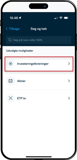 Skærmbillede mobilbank: Vælg Investeringsforeninger