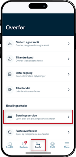  Skærmbillede mobilbank:  Overfør i den nederste menu