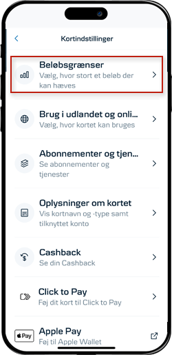 Skærmbillede mobilbank: Vælg beløbsgrænser