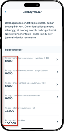  Skærmbillede mobilbank:  Sæt ønsket beløbsgrænse