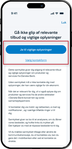 Skærmbillede mobilbank: Giv Samtykke til at kontakte dig