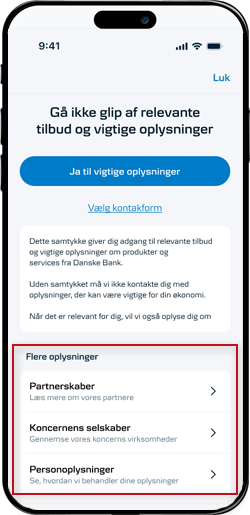 Skærmbillede mobilbank: Giv Samtykke til udveksling af oplysninger