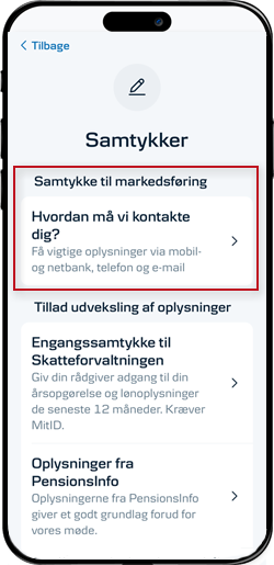 Skærmbillede mobilbank: Giv Samtykke til markedsføring