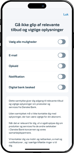 Skærmbillede mobilbank: Giv Samtykke - vælg muligheder