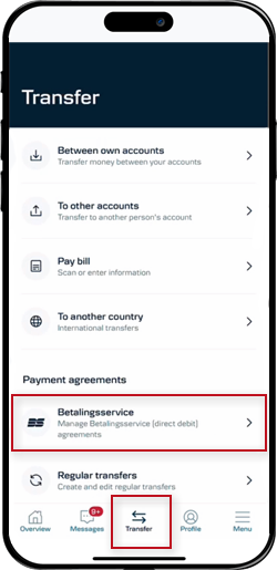 Danske Mobile Banking screen: The menu item "Transfer", select "Betalingsservice" (direct debit). 