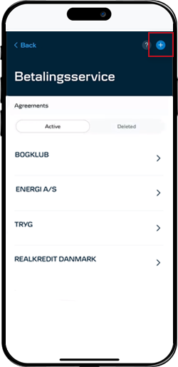 Danske Mobile Banking screen: Tap the blue circle with the '+'