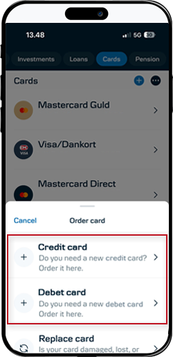 Mobile Banking screen: order new card. Credit og debet card