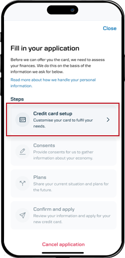 Mobile Banking screen: Start up your credit card setup