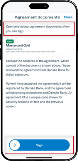 Mobile Banking screen: Read and sign agreement documents