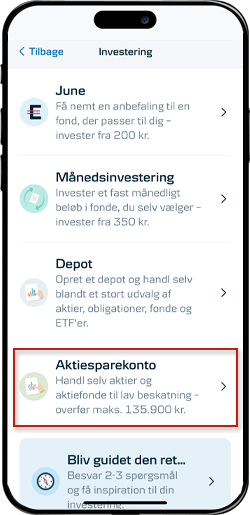Skærmbillede mobilbank: Vælg Aktiesparekonto fra listen