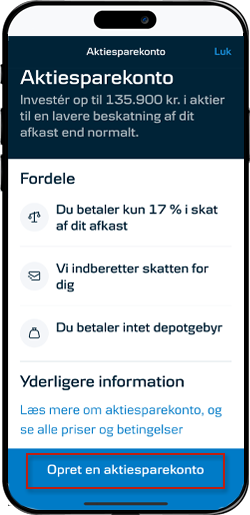 Skærmbillede mobilbank: Tryk på 'Opret en aktiesparekonto'.