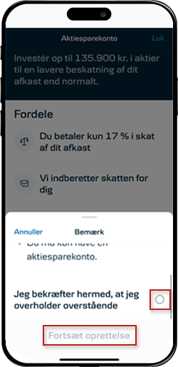 Skærmbillede mobilbank: Bekræftelse af vilkår