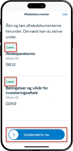 Skærmbillede mobilbank: Underskriv aftale