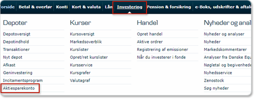 Skærmbillede Netbank: Vælg 'Aktiesparekonto' under 'Investering' i topmenuen 