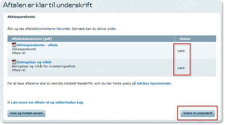 Skærmbillede netbank: Læs aftaledokumenterne og klik på 'Videre til underskrift'.