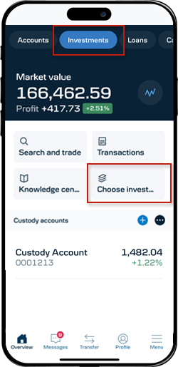Mobile Banking screen: Press 'Select investment'