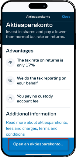 Mobile Banking screen: Read about the benefits, and tap 'Open an Aktiesparekonto'