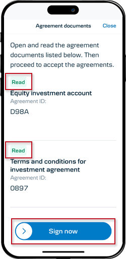 Mobile Banking screen: Read, and then sign the agreement