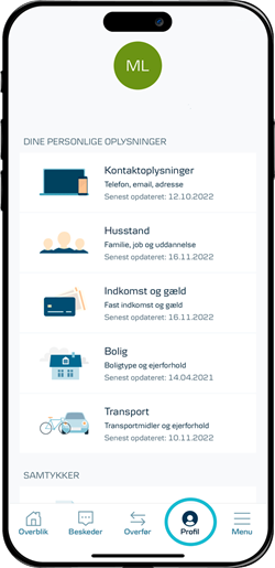 Skærmbillede mobilbank: Tryk på 'Profil' i menuen nederst