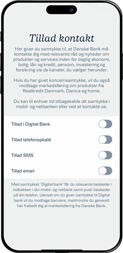 Skærmbillede mobilbank: Sæt dine tilladelser til, hvordan vi må kontkakte dig.