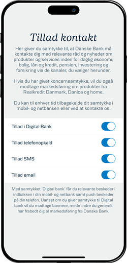 Skærmbillede mobilbank: Se dine tilladelser til samtykke - her alle kanaler tilvalgt