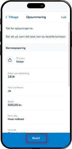 Skærmbillede mobilbank: Bestil børneopsparingen.......