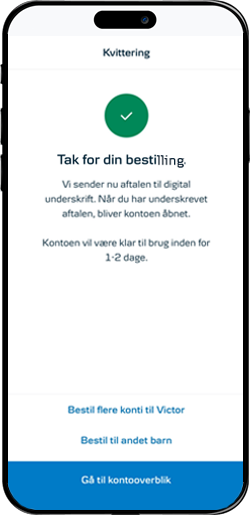 Skærmbillede mobilbank: Bestilling af børneopsparingen er gennemført
