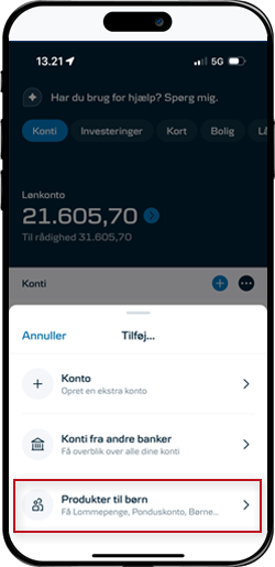 Skærmbillede mobilbank: Vælg: Produkter til børn.