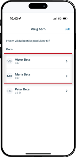 Skærmbillede mobilbank: Vælg det barn der skal have en børneopsparing