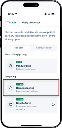  Skærmbillede mobilbank:  Vælg produkt