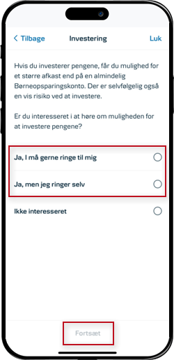 Skærmbillede mobilbank: Interessert i at investere børneopspariangen?