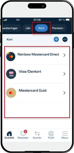 Skærmbillede mobilbank: Kortliste