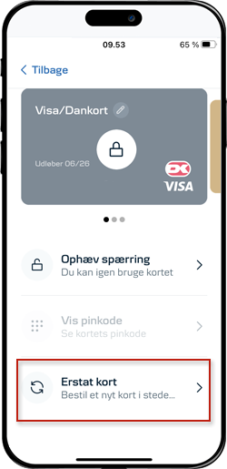 Skærmbillde fra mobilbank: Erstat kort