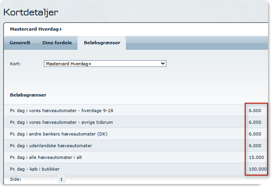 Skærmbillede netbank: Se beløbsgrænser