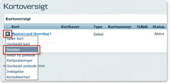  Skærmbillede netbank:  vælg kortdetaljer