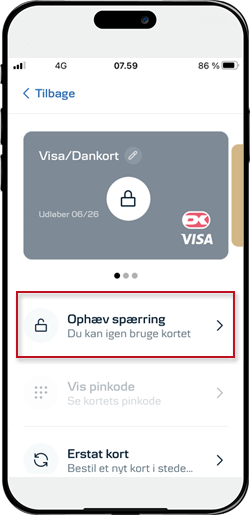 Skærmbillede fra mobilbanken: Tryk på Ophæv spærring under det valgte kort