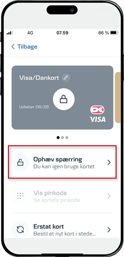 Skærmbillede fra mobilbanken: Tryk på Ophæv spærring under det valgte kort 