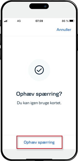 Skærmbillede fra mobilbanken:  Bekræft ophævelsen af spærringen ved at trykke på Ophæv spærring